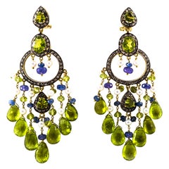 45.65 Carat White Rose Cut Diamond Tanzanite Peridot Pearl Yellow Gold Earrings