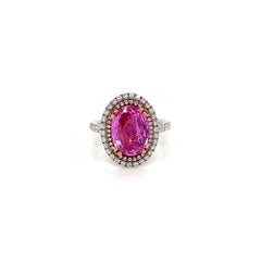 4.56 Gesamtkaratgewicht ovaler rosa Saphir & Diamant Doppel-Halo Pave-Set Damenring, GIA