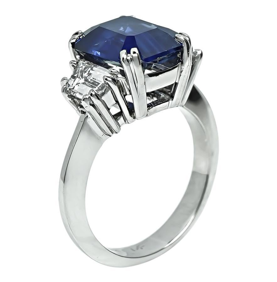 Emerald Cut 4.56ct Ceylon Sapphire 0.90ct Diamond Engagement Ring For Sale