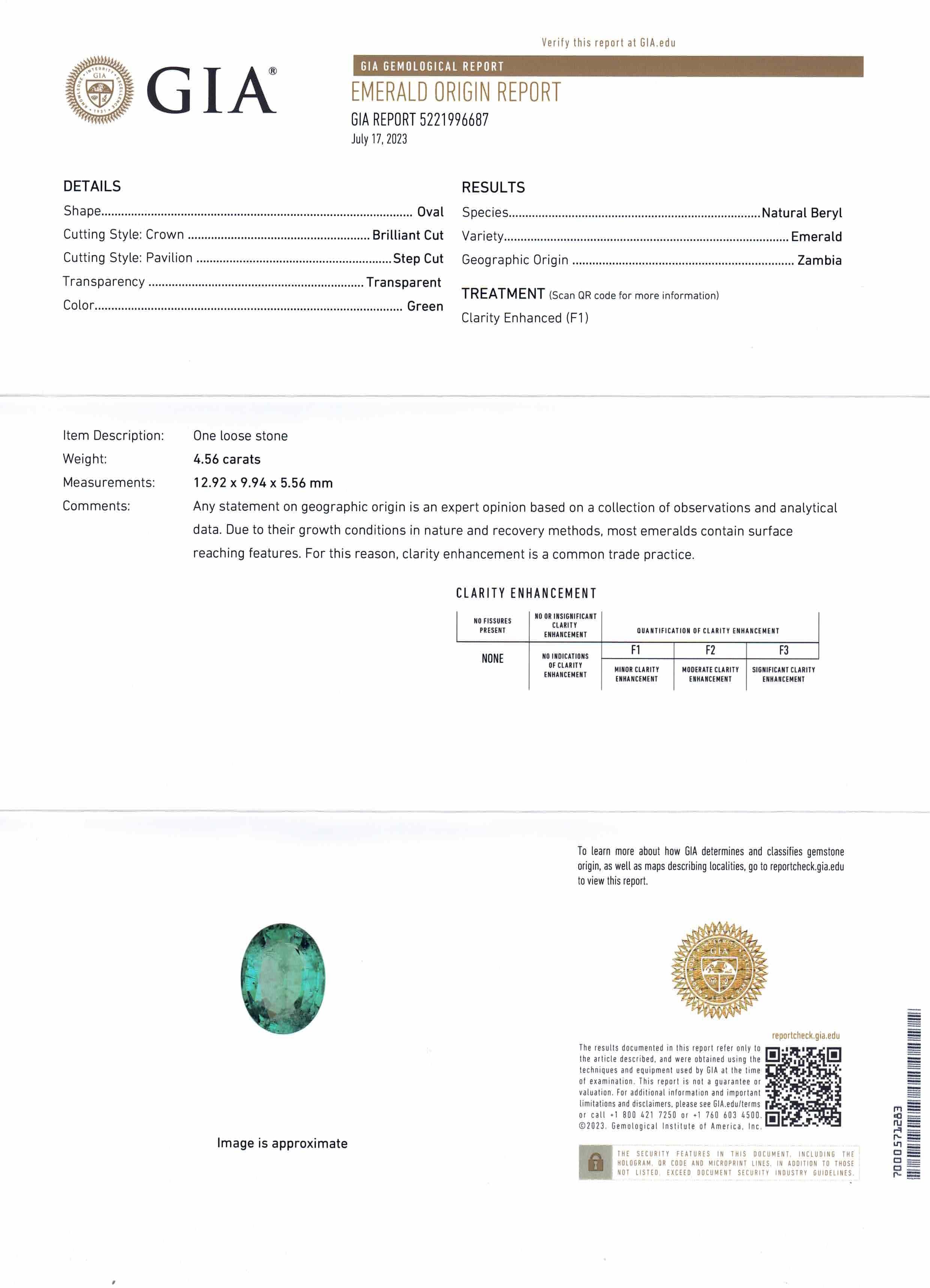 Grüner Smaragd GIA zertifiziert Zambia F1/Minor, 4,56 Karat im Zustand „Neu“ im Angebot in Toronto, Ontario