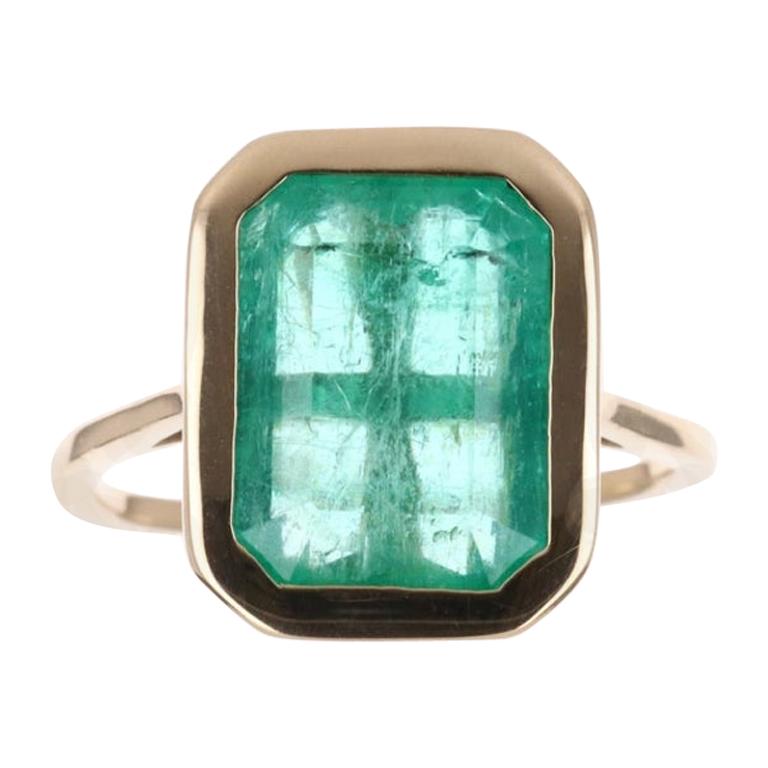 4.56tcw 14K Colombian Emerald, Emerald Cut & Diamond Accent Ring