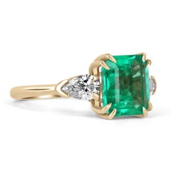 4.56tcw 18K GIA Three Stone Colombian Emerald & Pear Cut Diamond Gold Ring