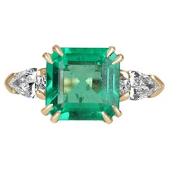 4.56tcw 18K GIA Three Stone Colombian Emerald & Pear Cut Diamond Gold Ring