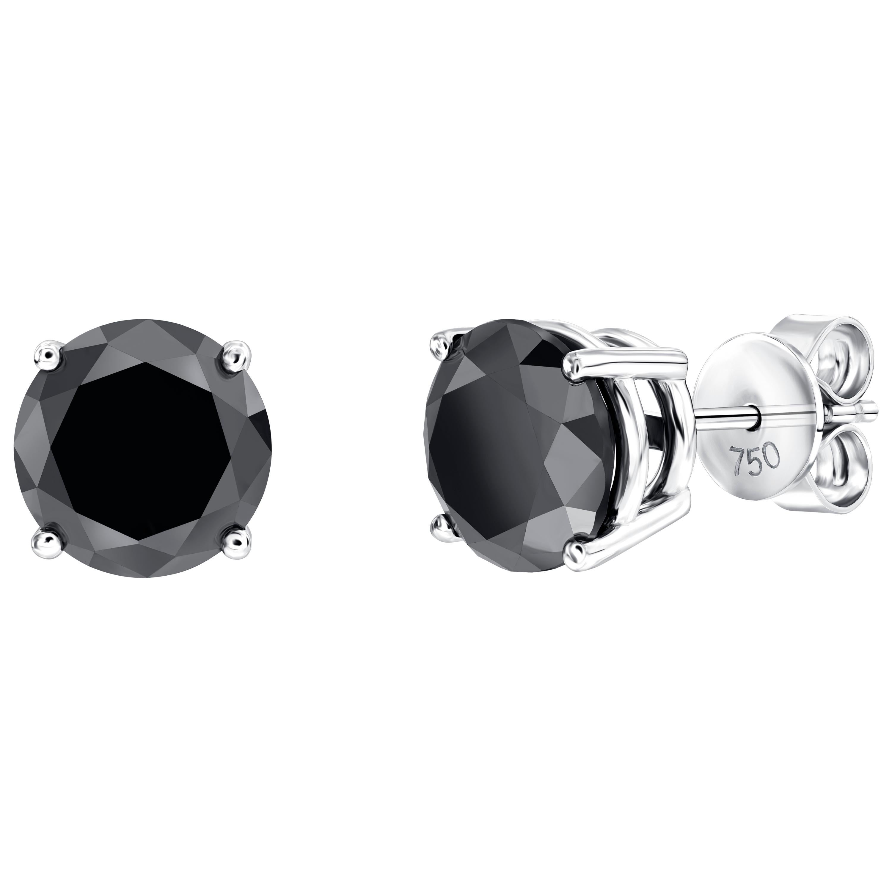 4.57 Carat Black Diamond 18 Karat White Gold Solitaire Stud Earrings Classic Set