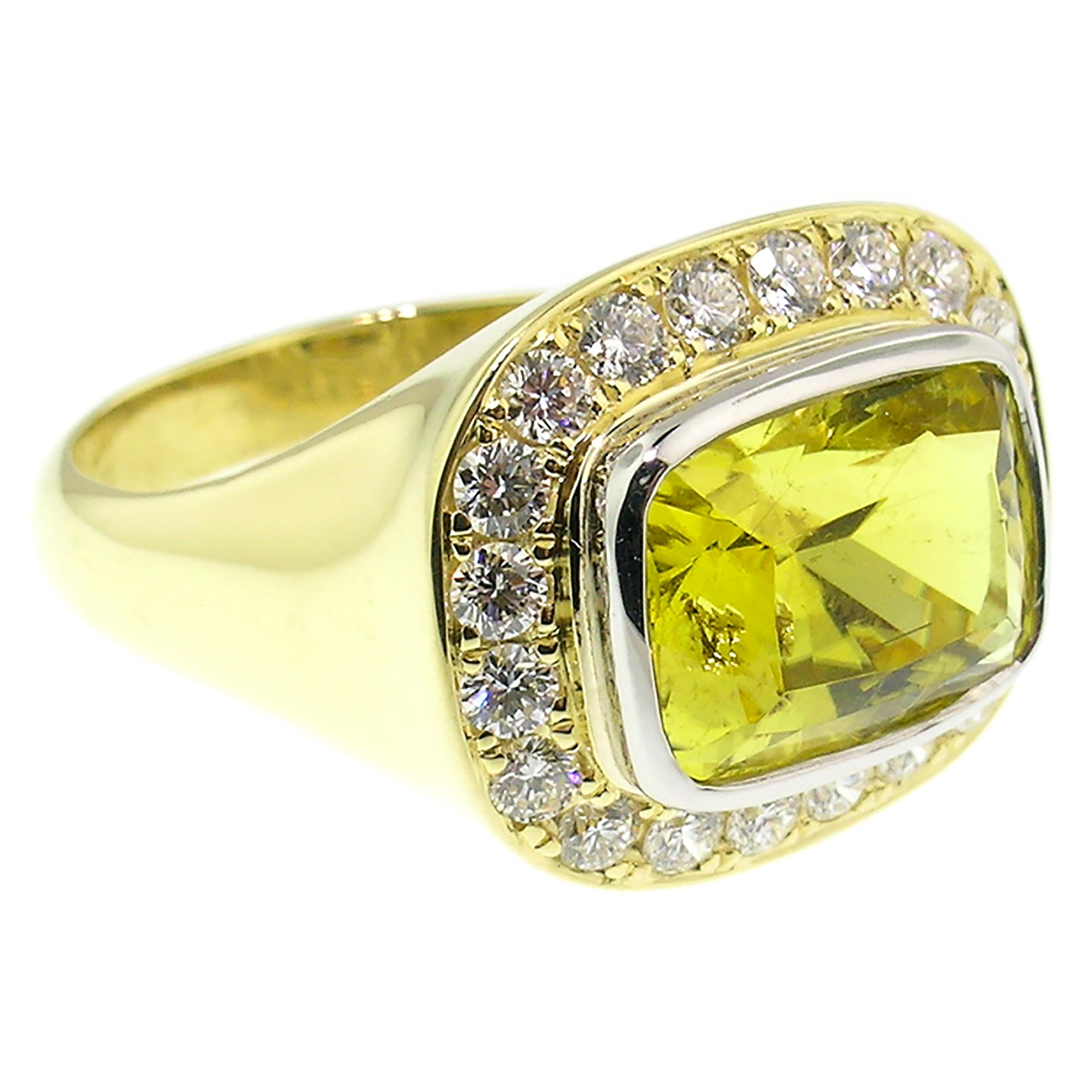 Bague Aphrodite 18 carats, tourmaline jaune canari de 4,57 carats et diamants, rapport GIA Unisexe en vente