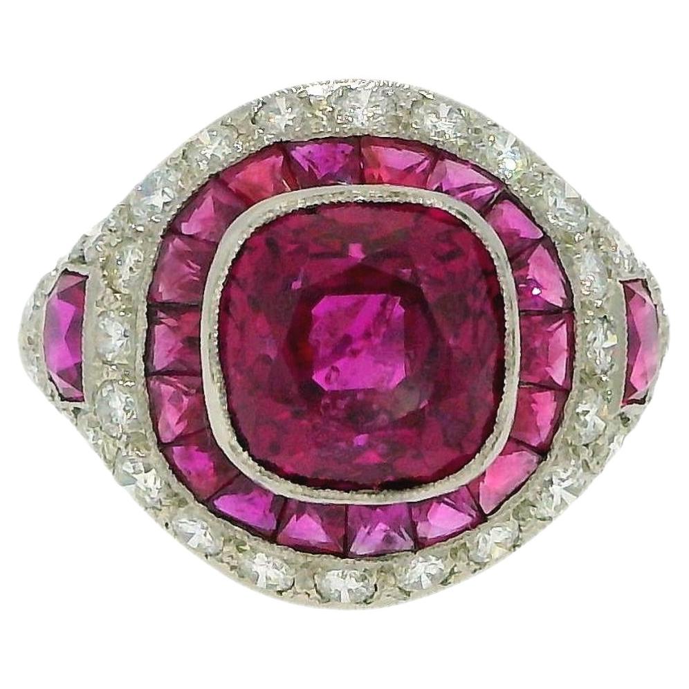 4.57 Carat Cushion Ruby, Diamonds and Halfmoon Rubies Side GIA Certified Ring