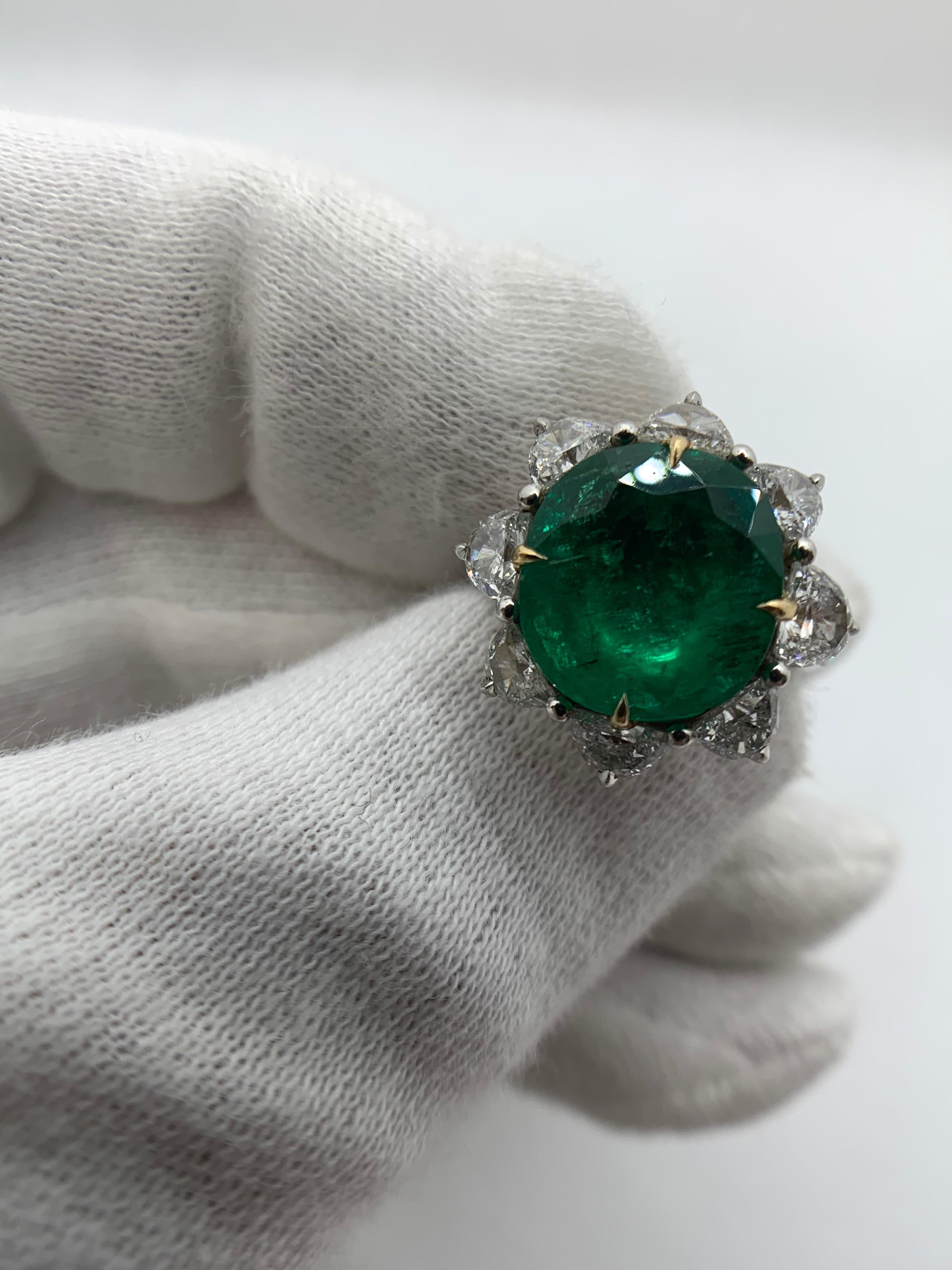 Cushion Cut 4.57 Carat Emerald and Diamond Ring For Sale