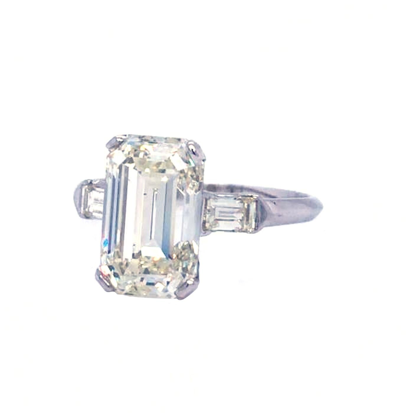 Modernist 4.57 Carat Emerald Cut Diamond Platinum Classic Engagement Ring Color L-J