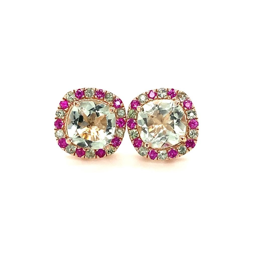 Contemporary 4.57 Carat Green Amethyst Sapphire Rose Gold Stud Earrings For Sale
