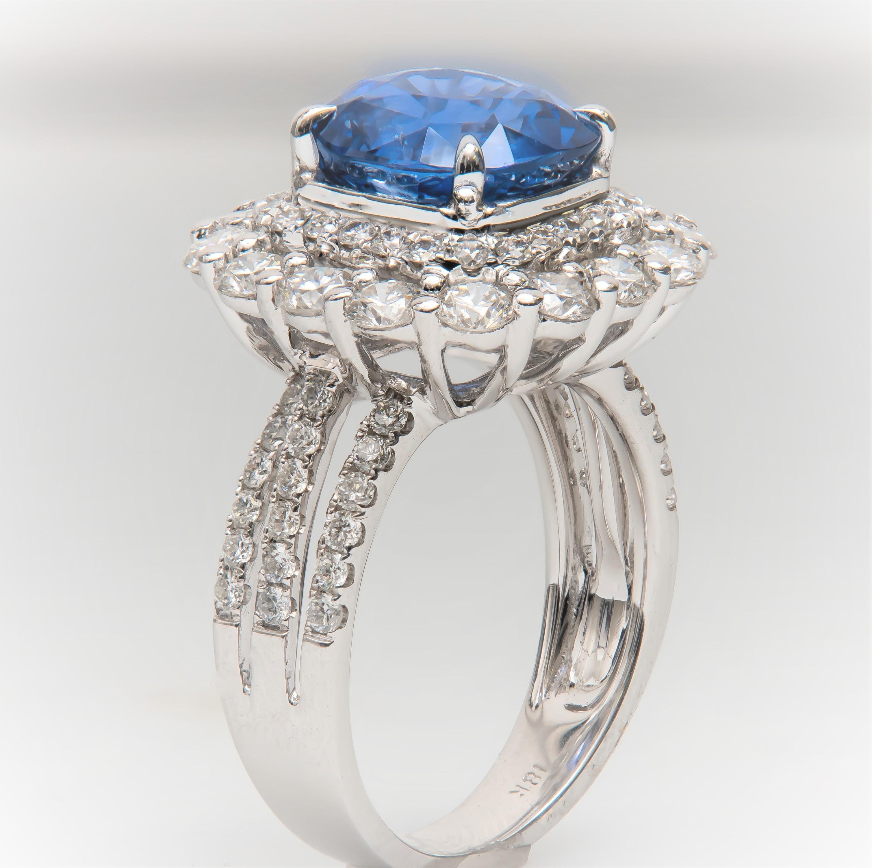 4.57 Carat Natural Ceylon Sapphire, Cushion Cut 'AGL Report' in a Diamond Ring 1