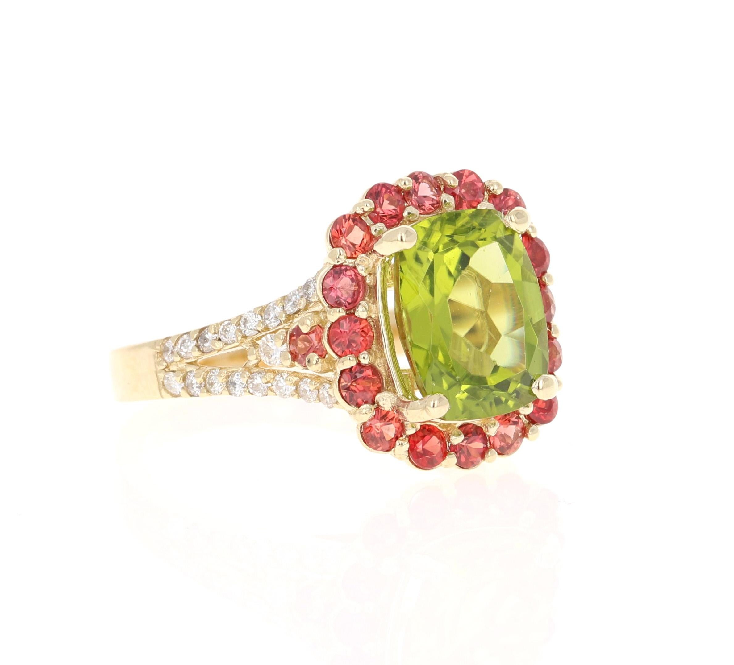4.57 Carat Oval Cut Peridot Sapphire Diamond 14 Karat Yellow Gold Ring

This beautiful ring has an Cushion/Oval Cut Peridot that weighs 3.36 Carats. The ring is surrounded by 18 Red Sapphires that weigh 0.90 Carats and 34 Round Cut Diamonds that