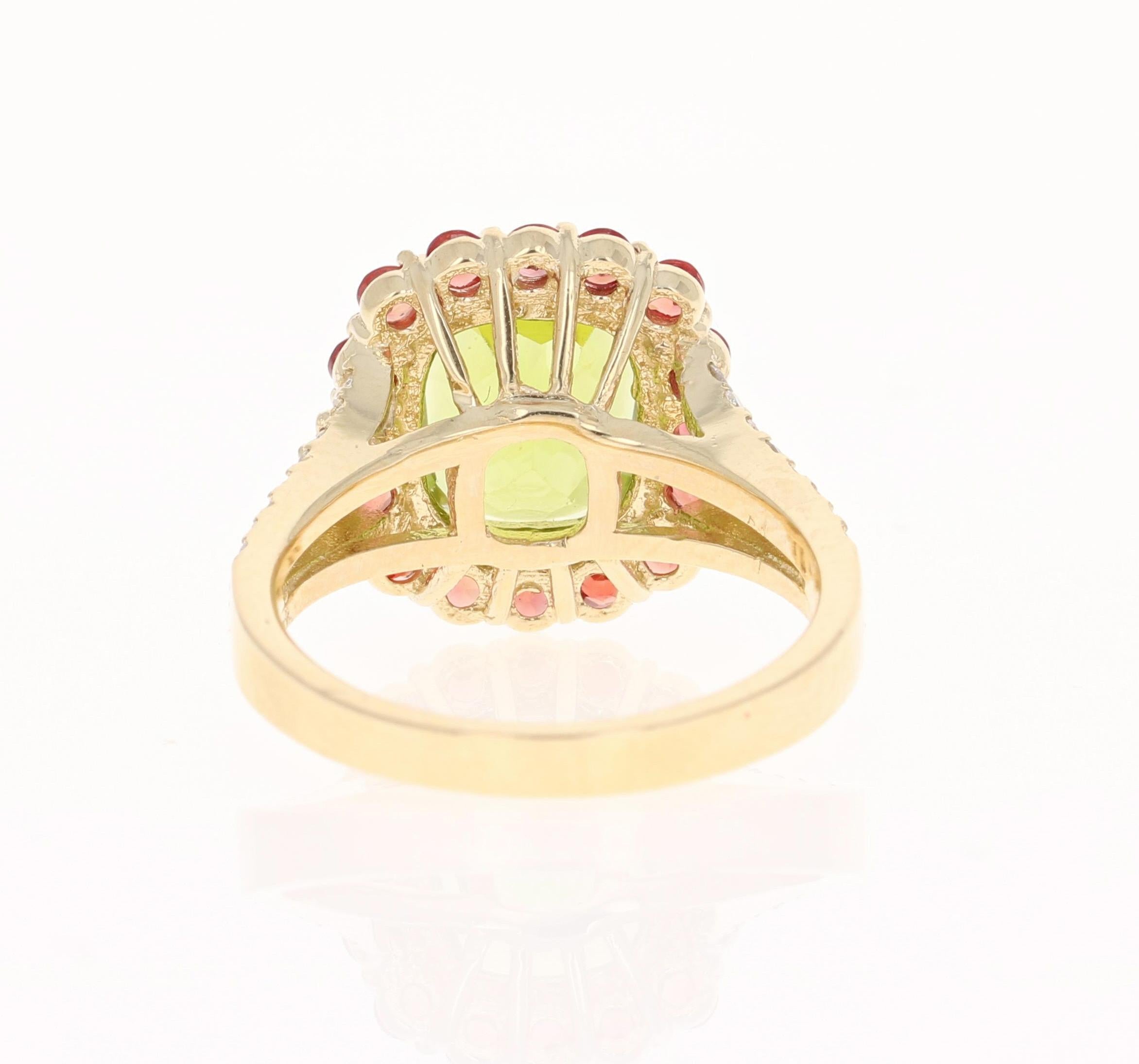 Emerald Cut 4.57 Carat Oval Cut Peridot Sapphire Diamond 14 Karat Yellow Gold Ring For Sale