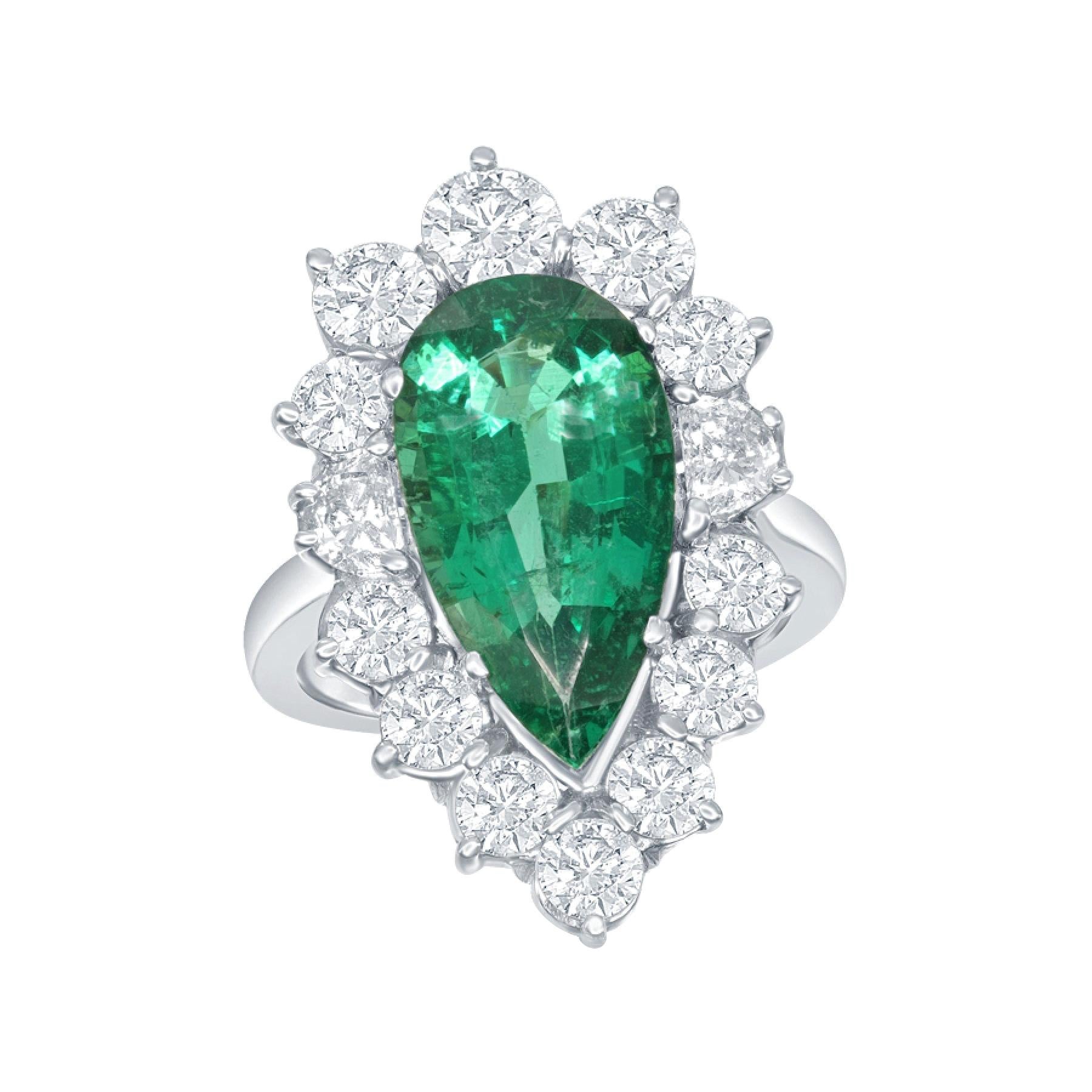 4.57 Carat Pear Shape Emerald with 2.48 Carat of Diamonds Set in Platinum For Sale