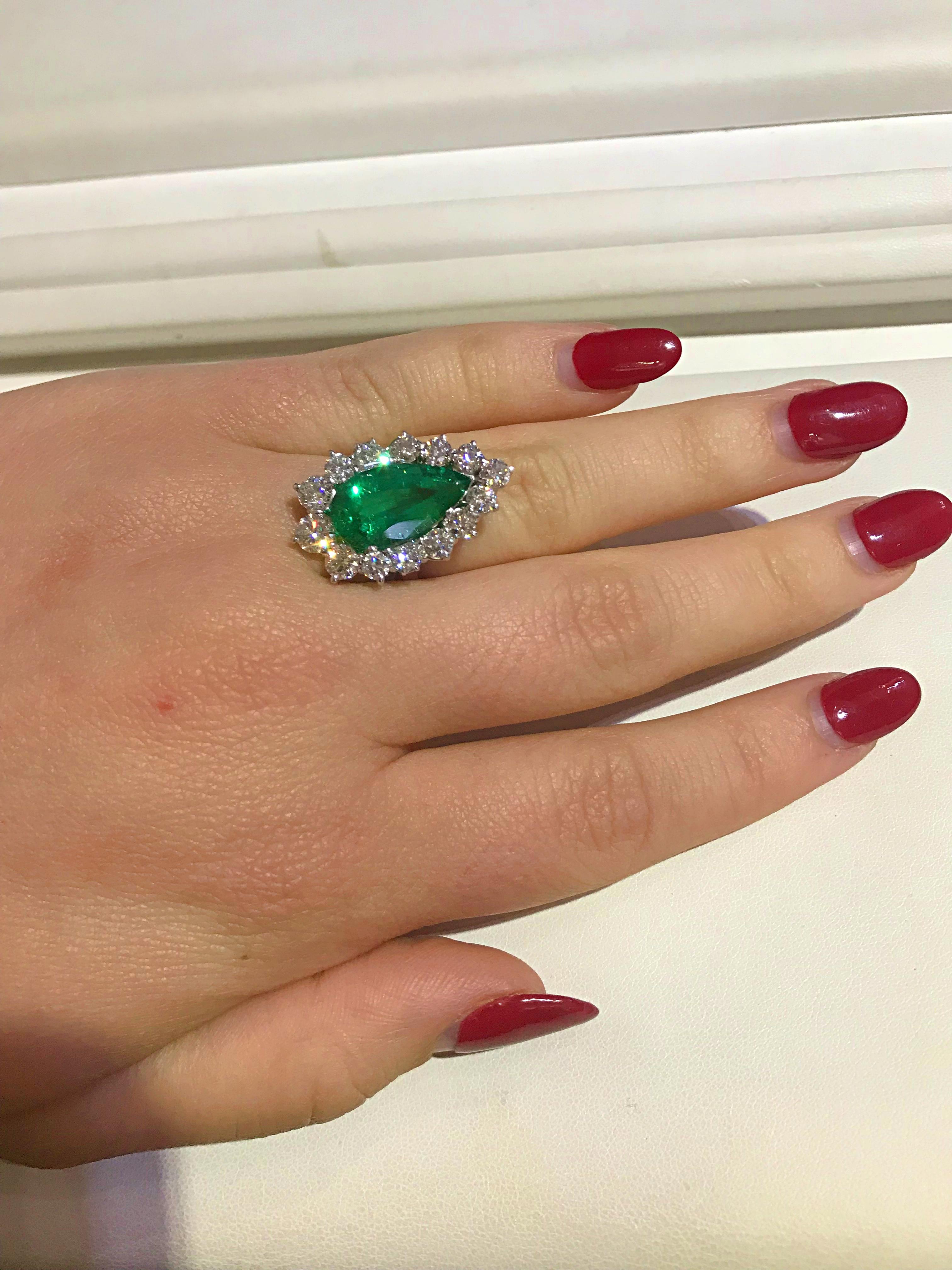 Pear Cut 4.57 Carat Pear Shape Emerald with 2.48 Carat of Diamonds Set in Platinum For Sale