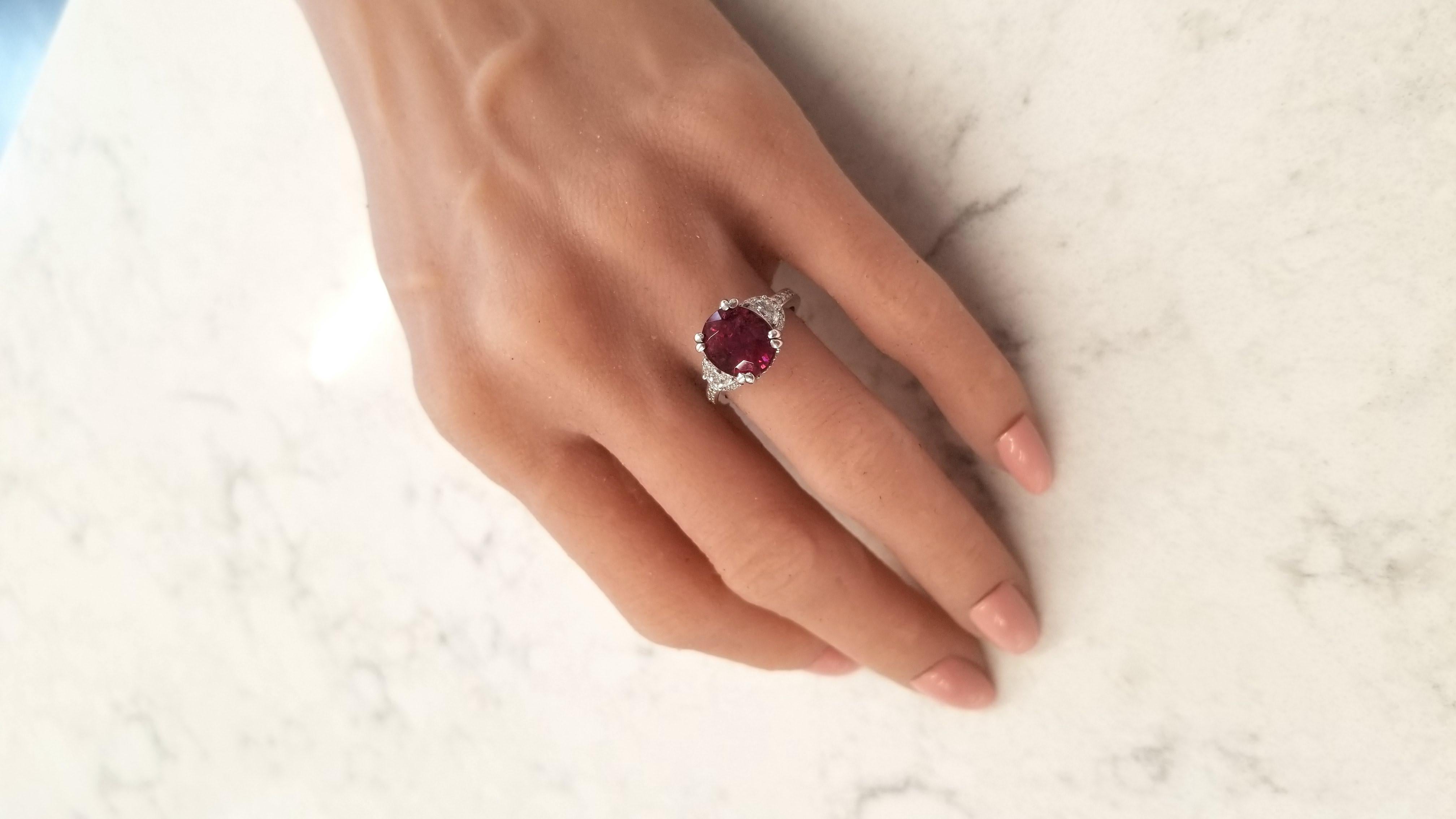 Women's 4.57 Carat Rubelite and Half Moon Diamond White Gold Cocktail Ring