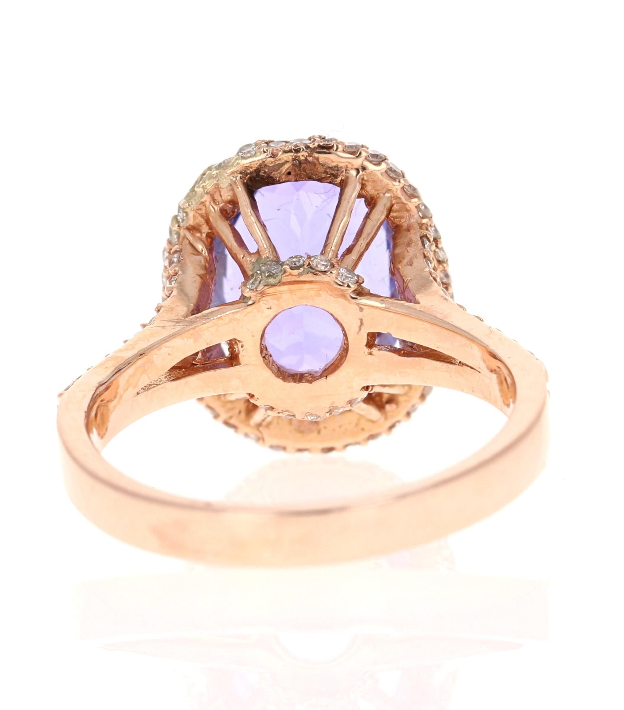 Oval Cut 4.57 Carat Tanzanite Diamond 14 Karat Rose Gold Ring For Sale