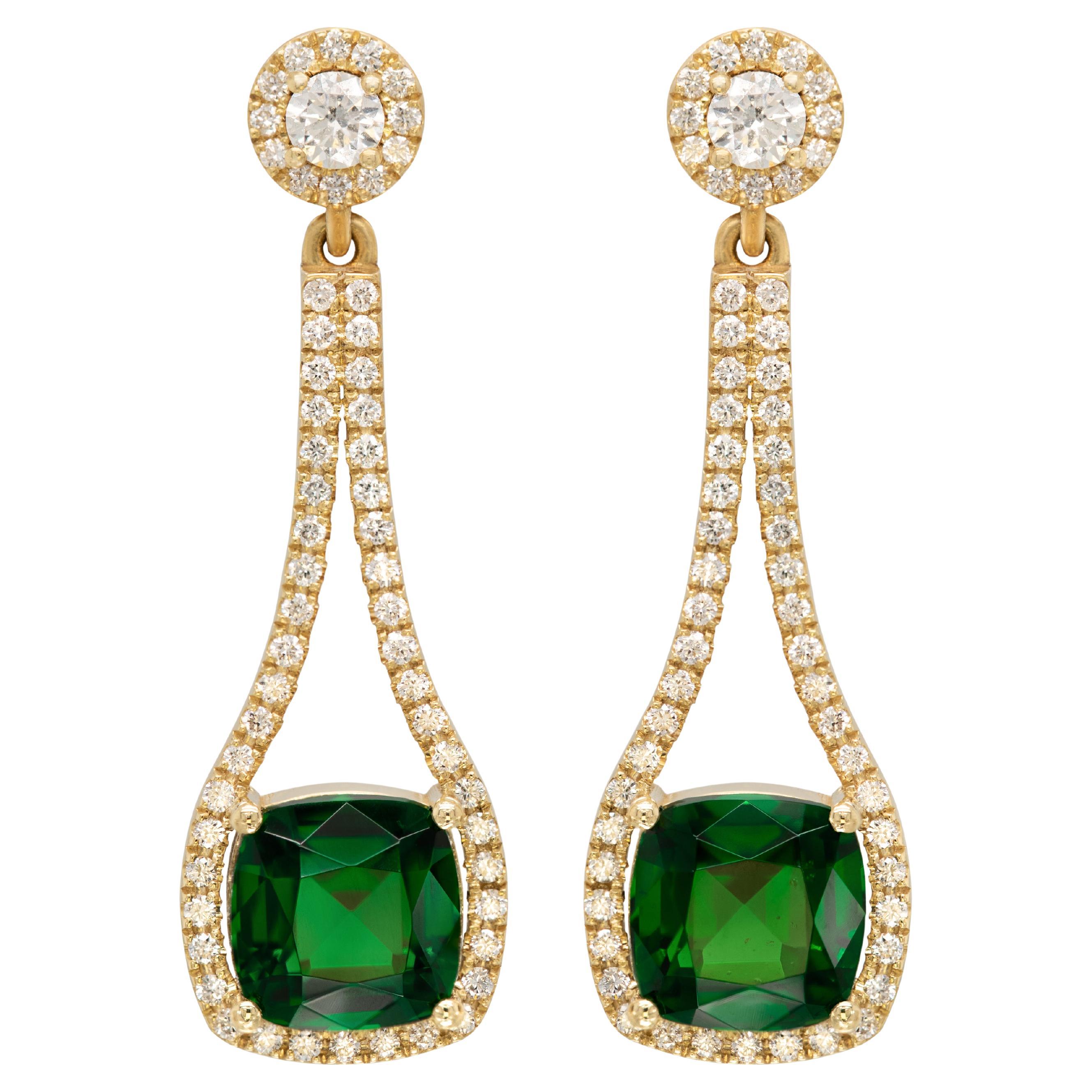 Natural Tourmalines 4.57 Carats set in 18K Yellow Gold Earrings with Diamonds For Sale