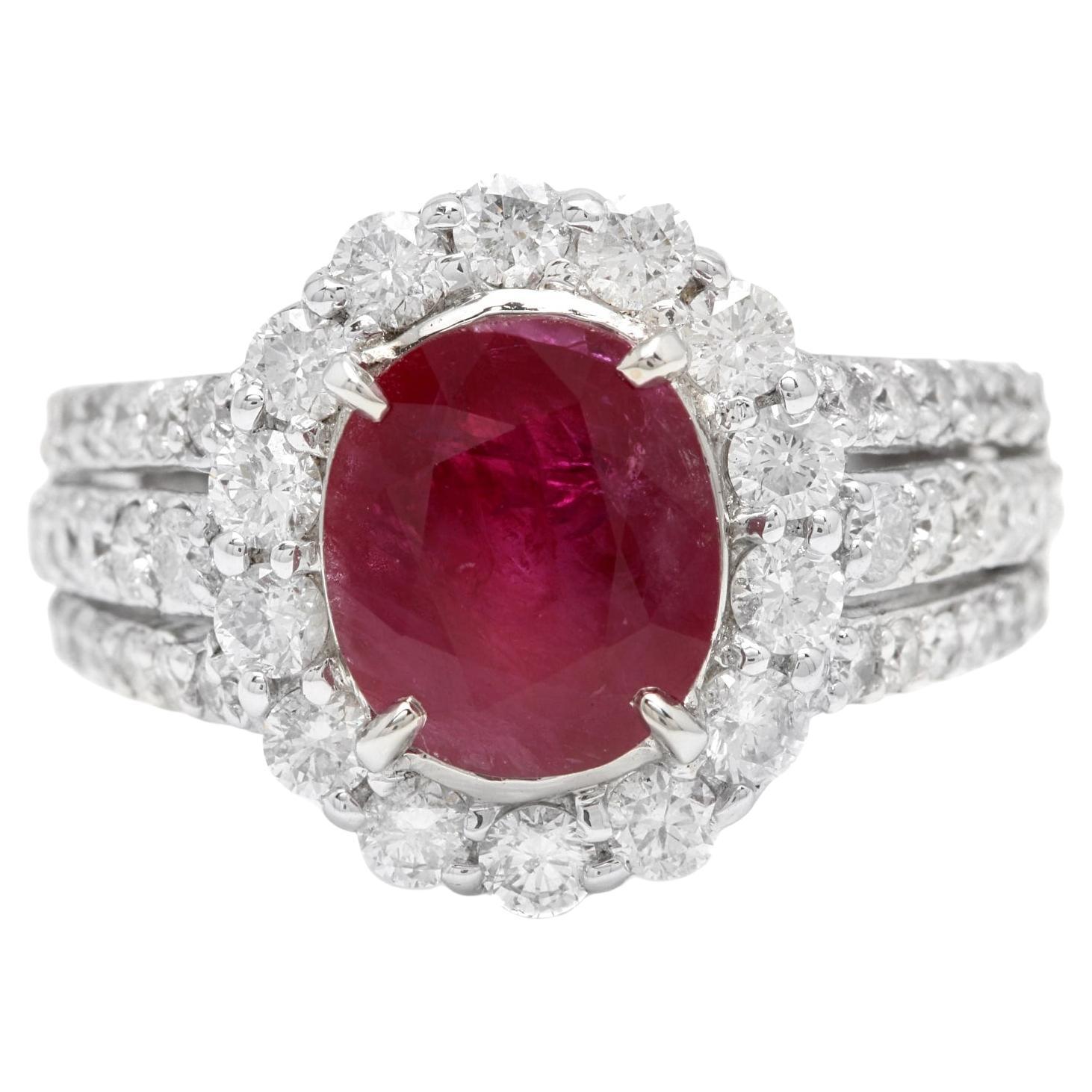 4.57 Carats Natural Ruby and Diamond 14K Solid White Gold Ring For Sale