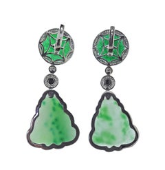 45.72ctw Carved Jadeite Jade Diamond Onyx Gold Drop Earrings