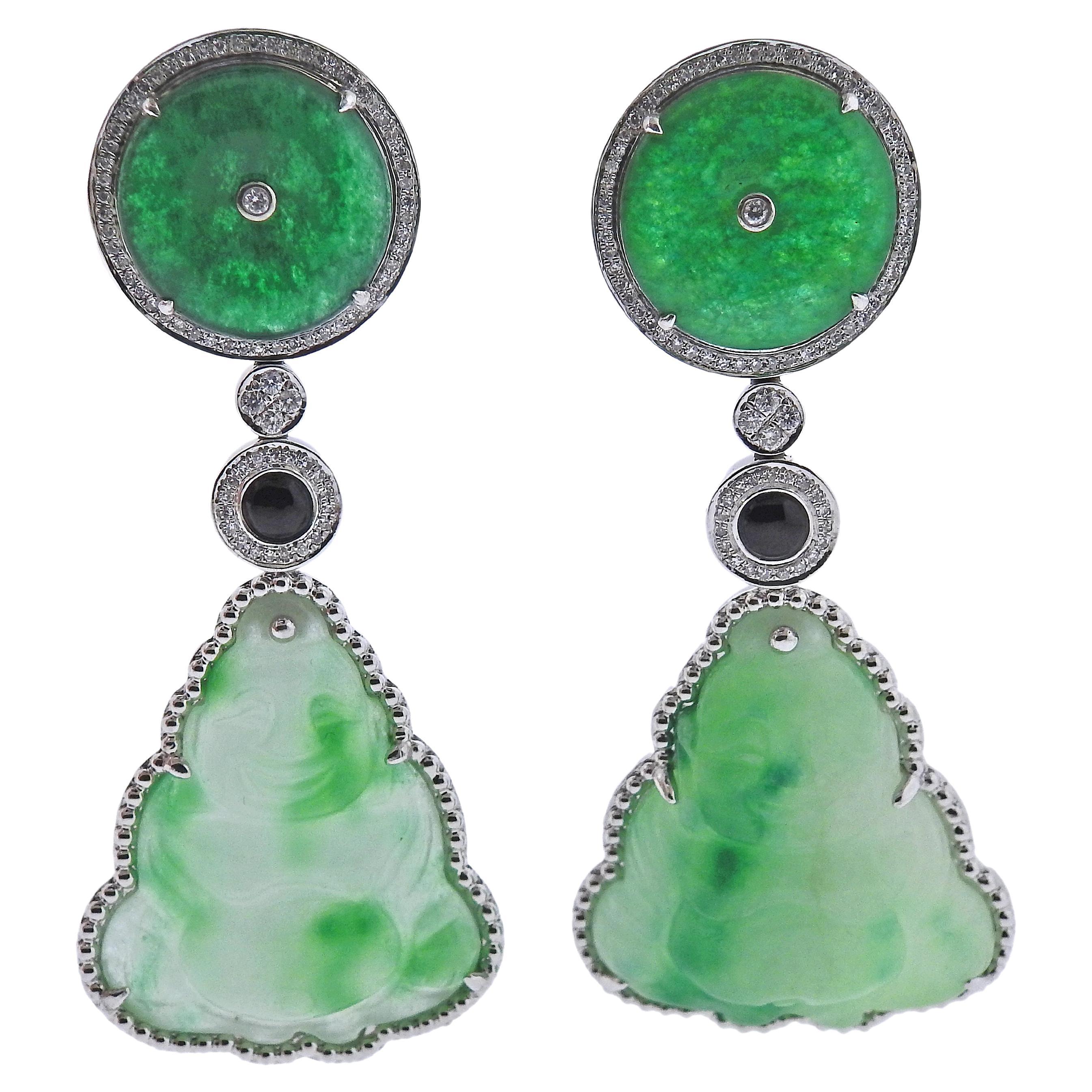 45.72ctw Carved Jadeite Jade Diamond Onyx Gold Drop Earrings