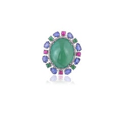 45.77 Carats, Zambian Cabochon Emerald, Blue Sapphire & Ruby Cocktail Ring
