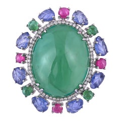 45.77 Carats, Zambian Cabochon Emerald, Blue Sapphire 
Ruby Cocktail Ring