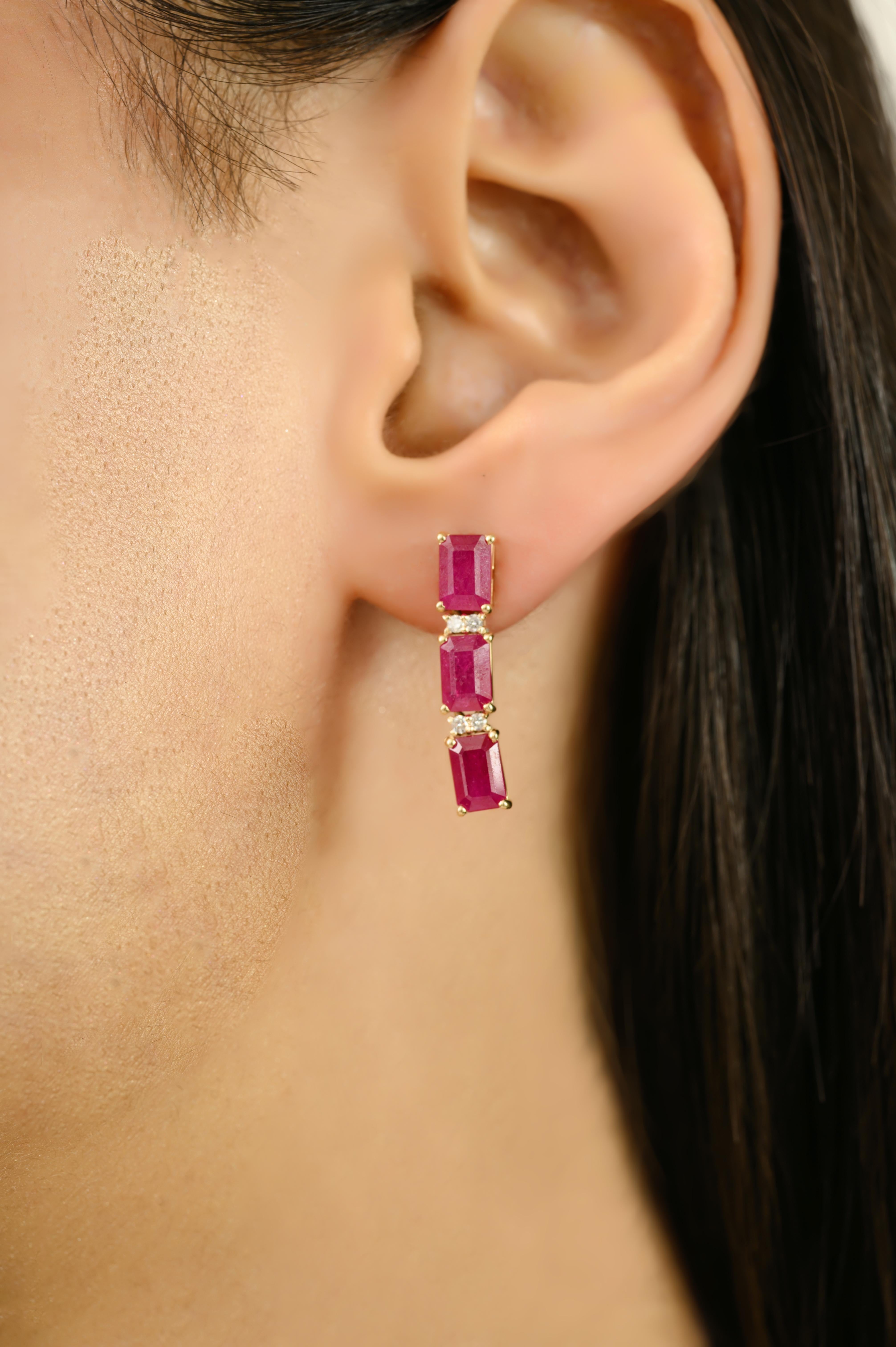 Octagon Cut 4.57Ct 14k Yellow Gold Natural Emerald Cut Ruby & Diamond Drop Earrings for Wife For Sale