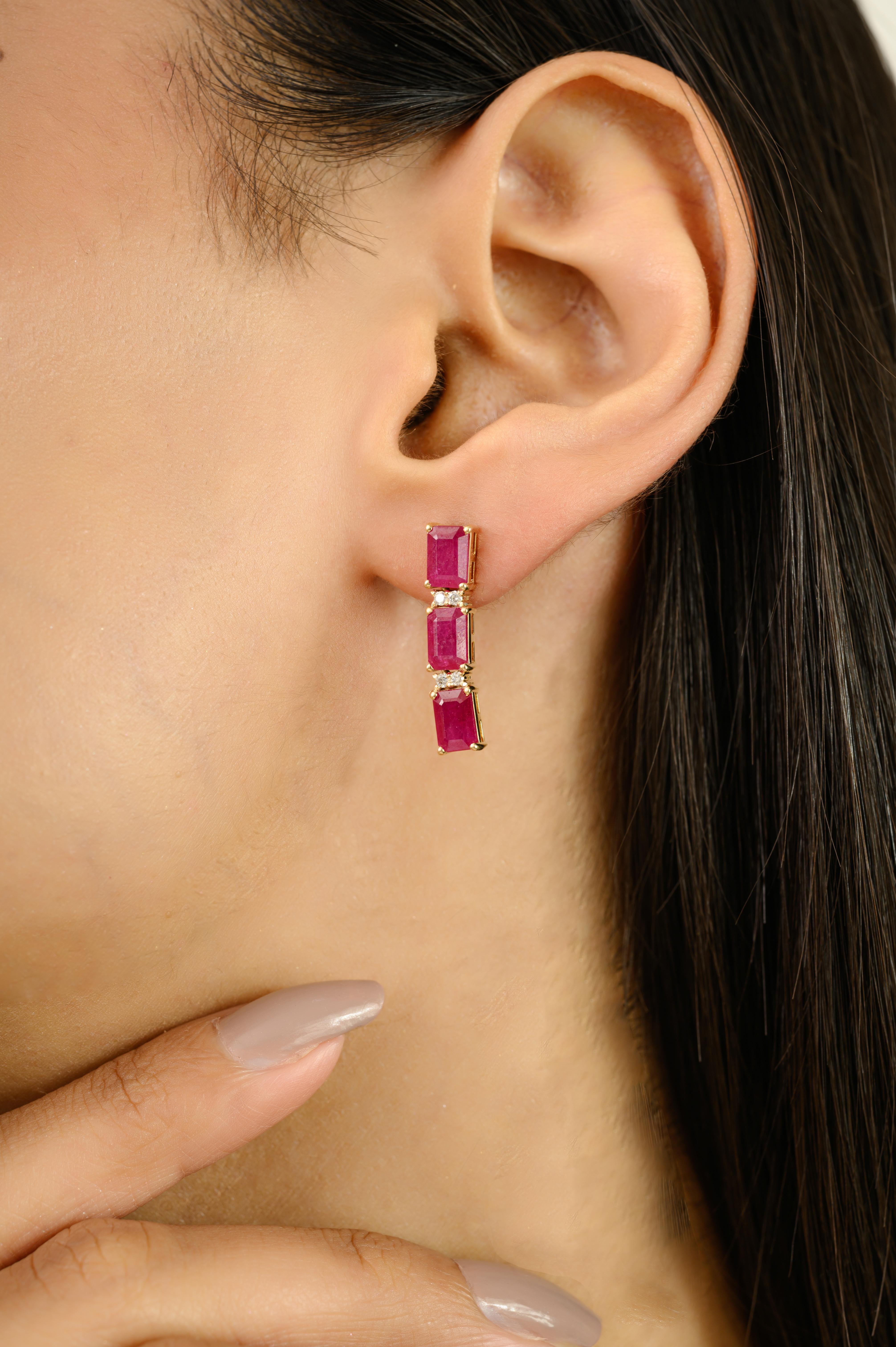 Women's 4.57Ct 14k Yellow Gold Natural Emerald Cut Ruby & Diamond Drop Earrings for Wife For Sale
