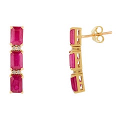 4.57Ct 14k Yellow Gold Natural Emerald Cut Ruby & Diamond Drop Earrings for Wife