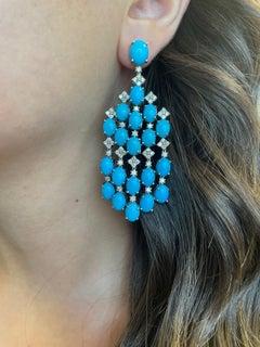 4.57ct Diamond and Turquoise Chandelier Earrings 18k White Gold