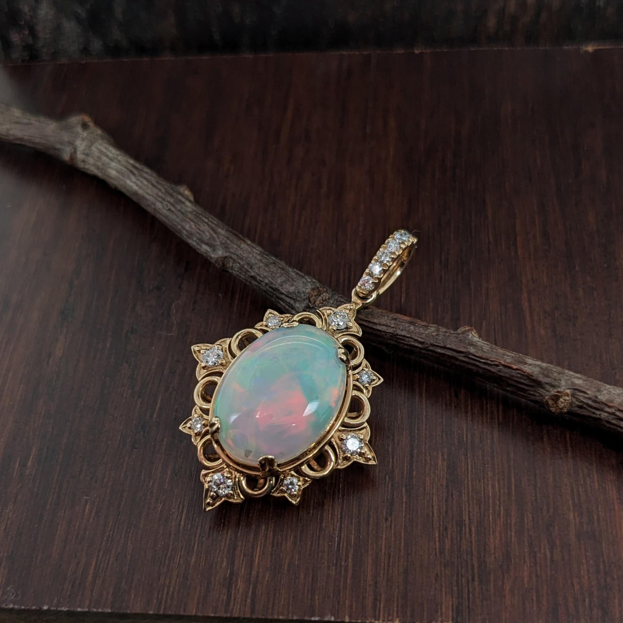 Art Deco 4.57ct Opal Pendant w Diamond Accents in Solid 14k Yellow Gold Oval 16.7x12.3mm For Sale