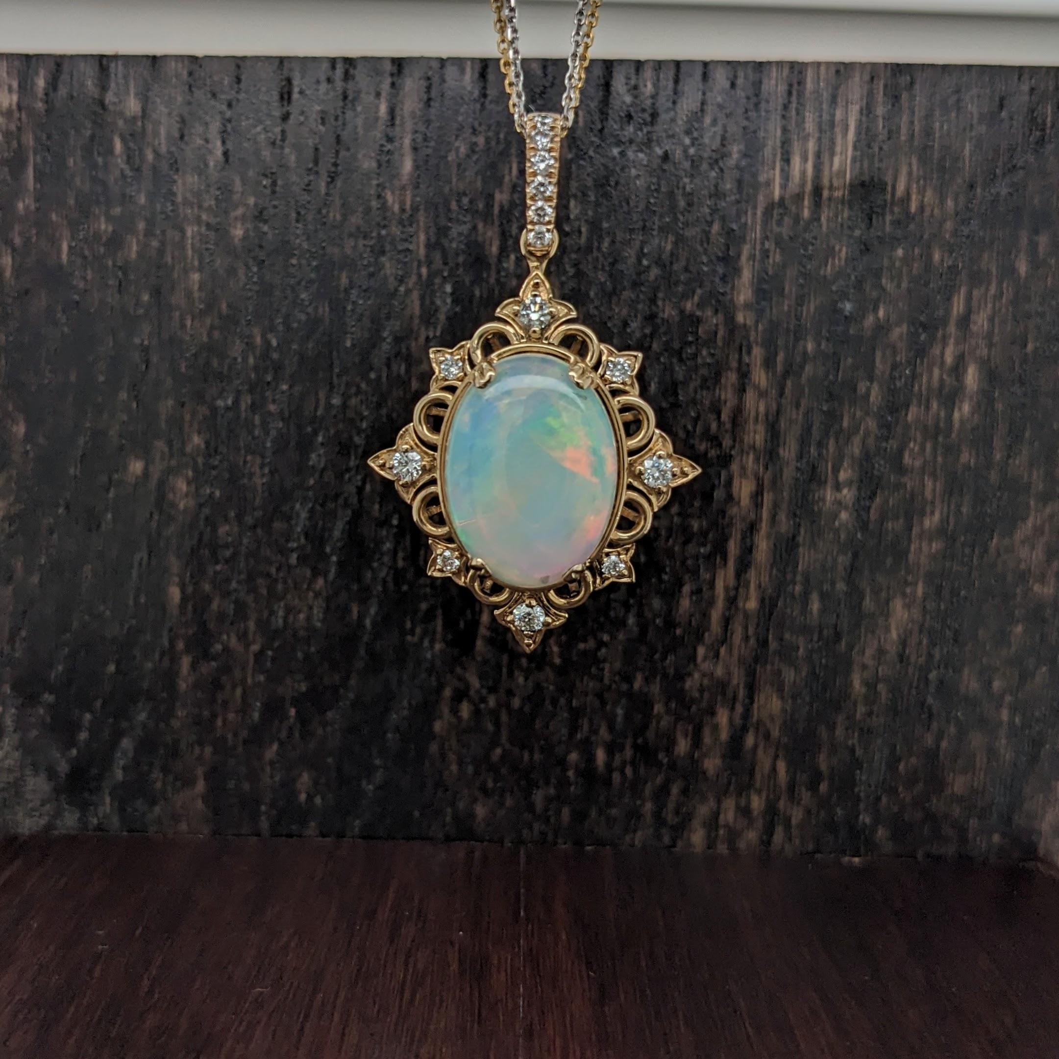 Cabochon 4.57ct Opal Pendant w Diamond Accents in Solid 14k Yellow Gold Oval 16.7x12.3mm For Sale