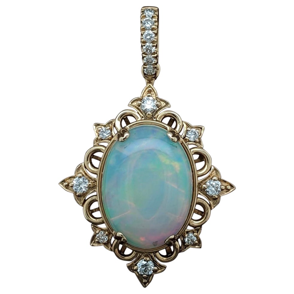 4.57ct Opal Pendant w Diamond Accents in Solid 14k Yellow Gold Oval 16.7x12.3mm For Sale