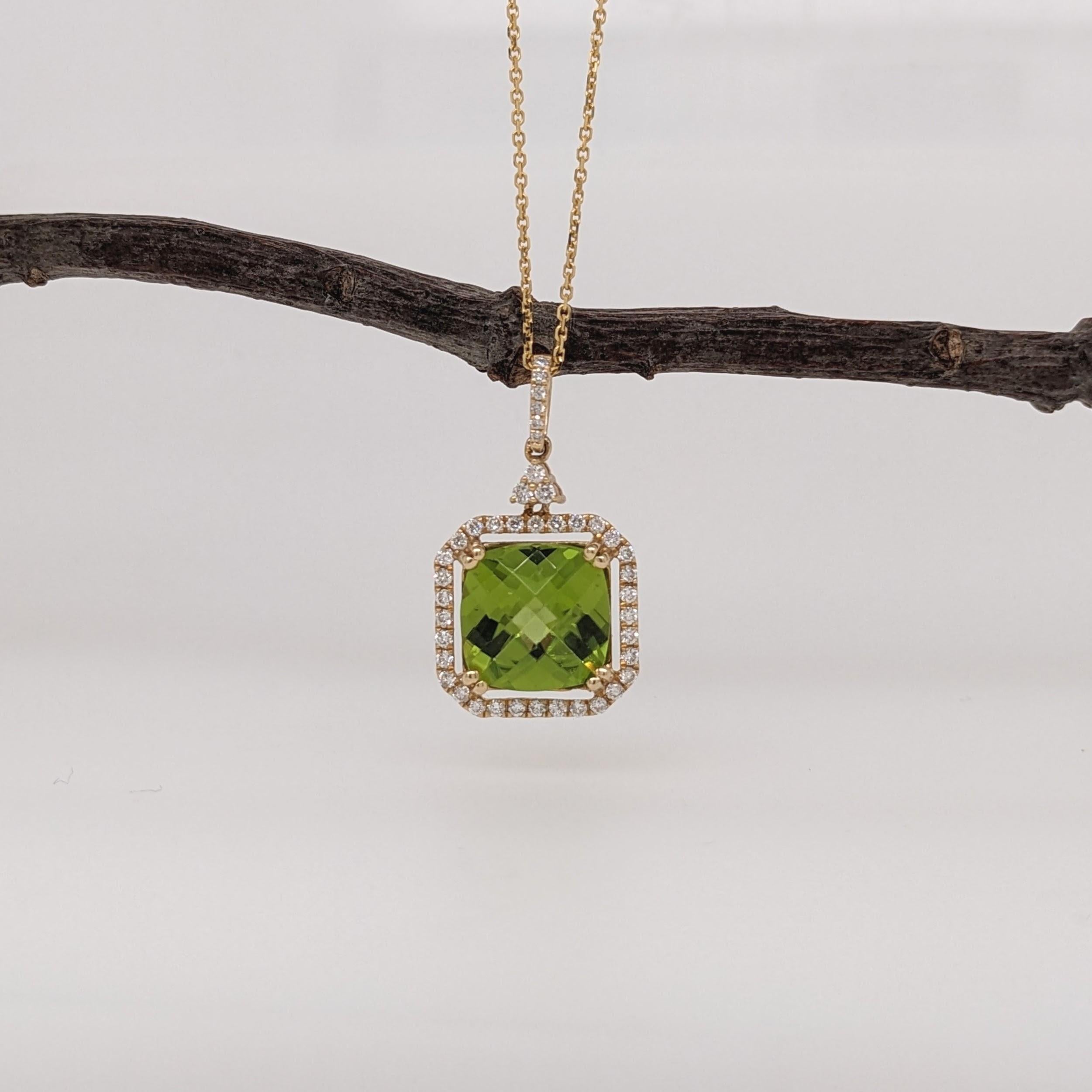 Peridots feature a gorgeous unique shade of vibrant green and beautiful clarity with an amazing sparkle. This pendant makes a stunning statement piece made in 14k gold that will elevate any outfit! Available for purchase with a 16
