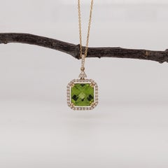 4.57ct Peridot w Diamond Halo in Solid 14K Gold Cushion Checkerboard Cut 10mm