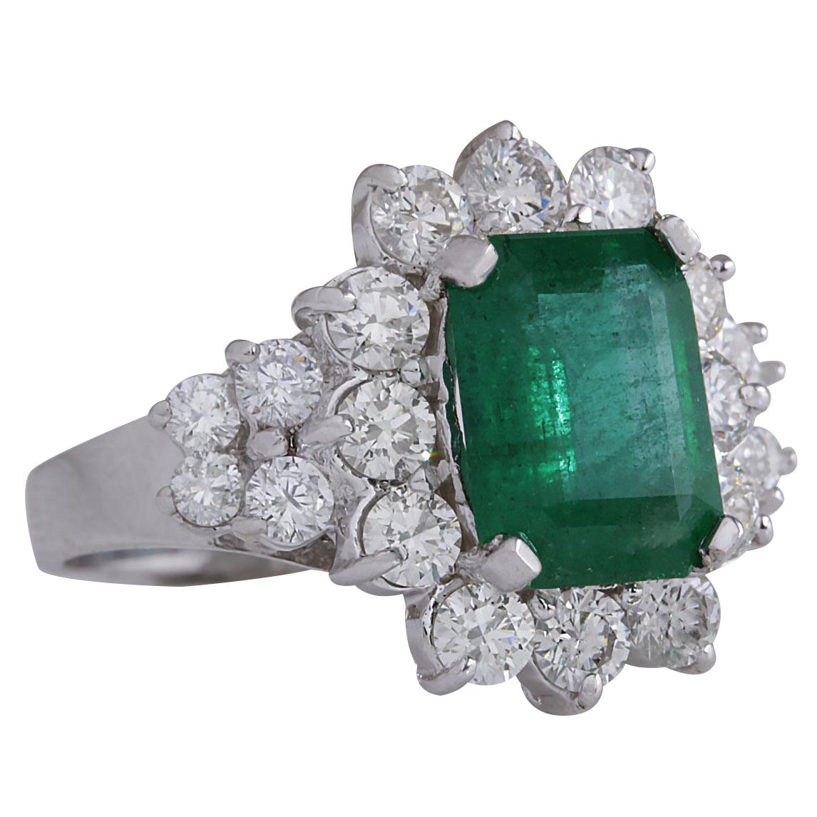4.58 Carat Emerald 14 Karat White Gold Diamond Ring
Stamped: 14K White Gold
Total Ring Weight: 5.0 Grams
Total  Emerald Weight is 2.96 Carat (Measures: 10.00x8.00 mm)
Color: Green
Total  Diamond Weight is 1.62 Carat
Color: F-G, Clarity: VS2-SI1
Face