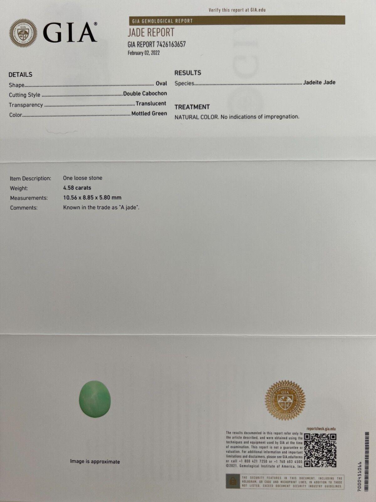 4.58 Carat GIA Certified Green Jadeite Jade ‘A’ Grade Oval Cabochon Untreated

GIA Certified Untreated Green Jadeite Gemstone.
4.58 Carat with an excellent oval cabochon cut. Fully certified by GIA. Totally untreated jadeite jade, referred to as ‘A’