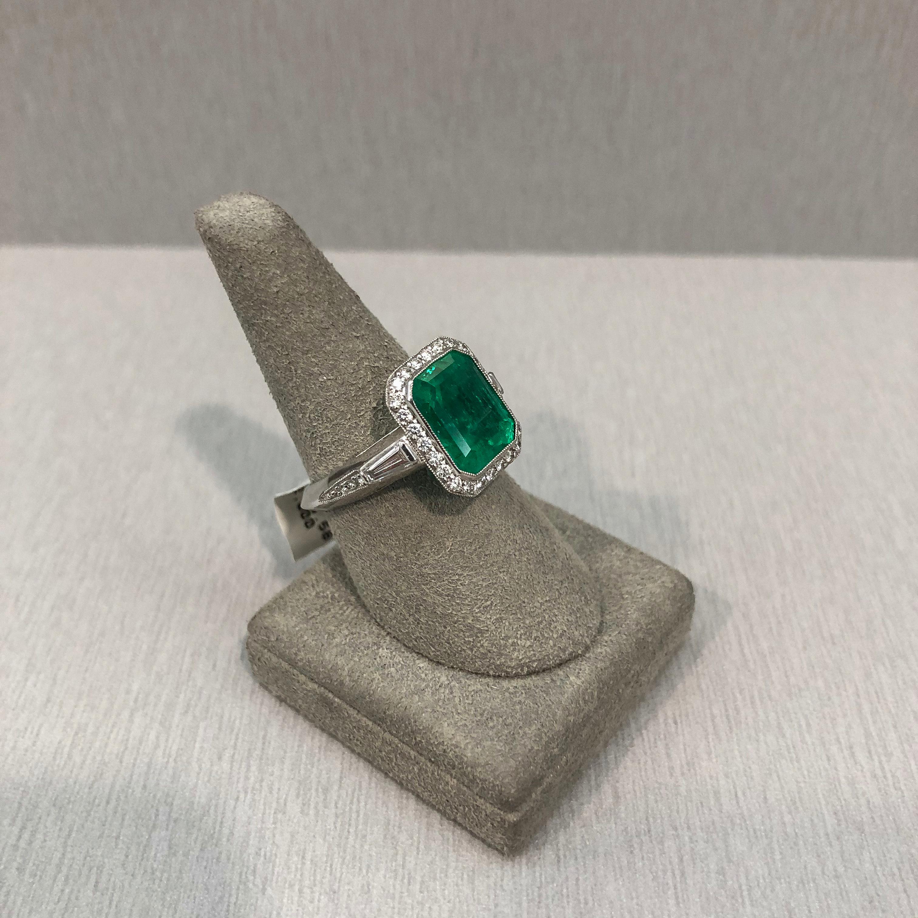 Women's Roman Malakov 4.58 Emerald Cut Green Emerald and Diamond Halo Engagement Ring For Sale