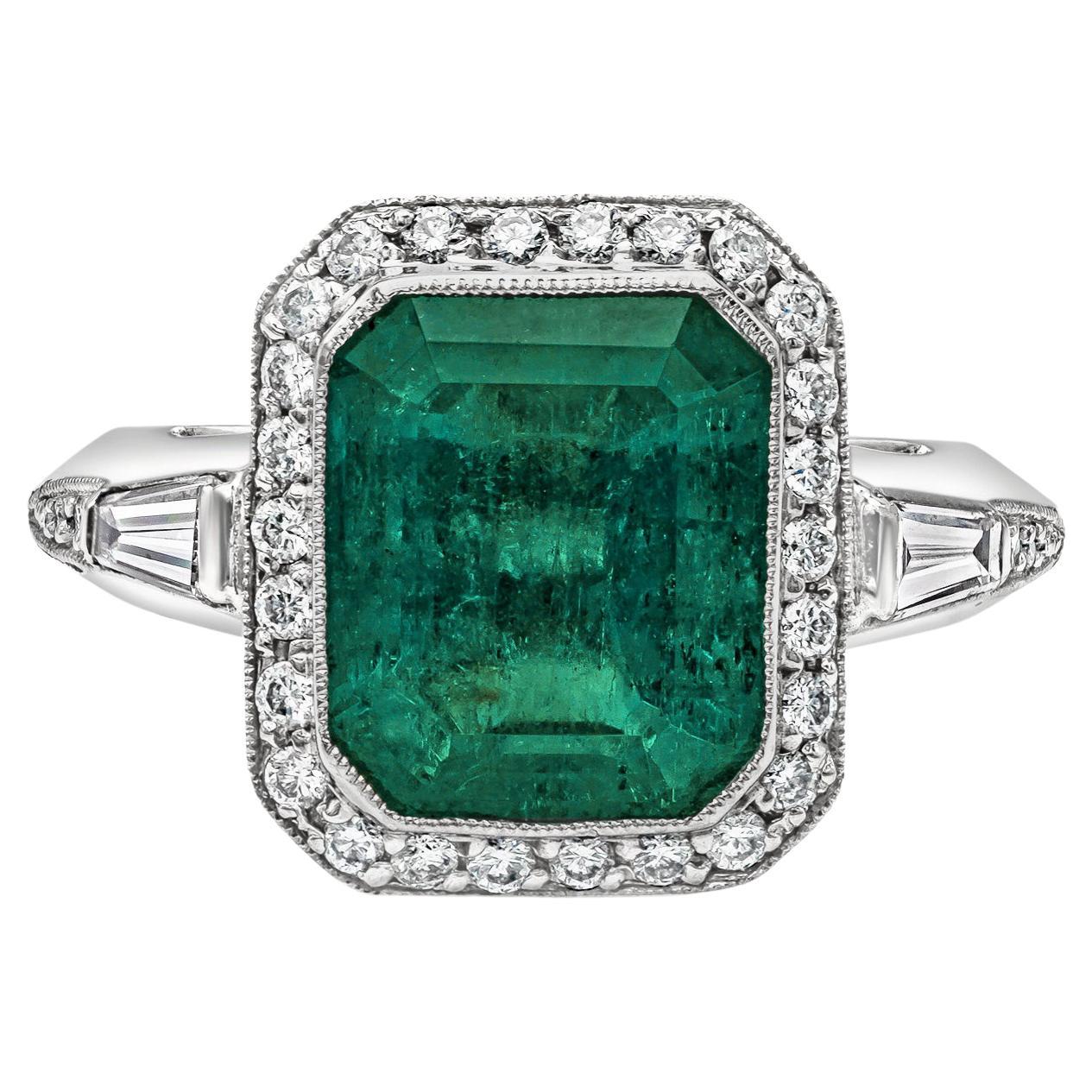 Roman Malakov 4.58 Emerald Cut Green Emerald and Diamond Halo Engagement Ring