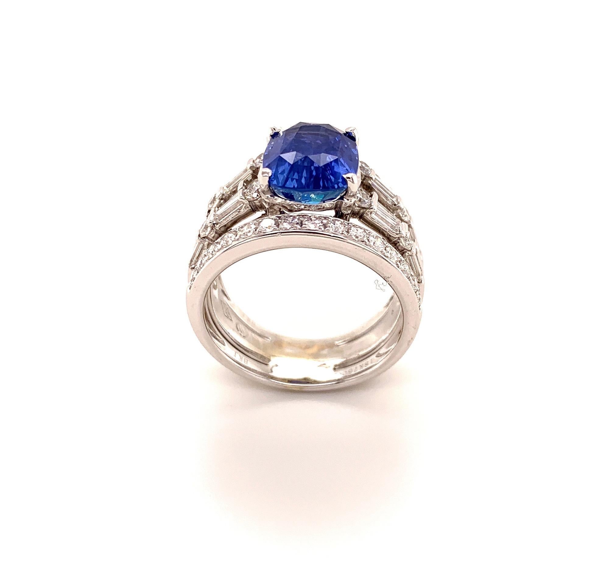 This GIA certified no heat blue cushion shape sapphire weighs 4.58 carats is from Sri Lanka, where we hand picked the stone a few years ago. It is mounted in an 18-karat white gold ring purchased from one of our suppliers. The sapphire is nestled