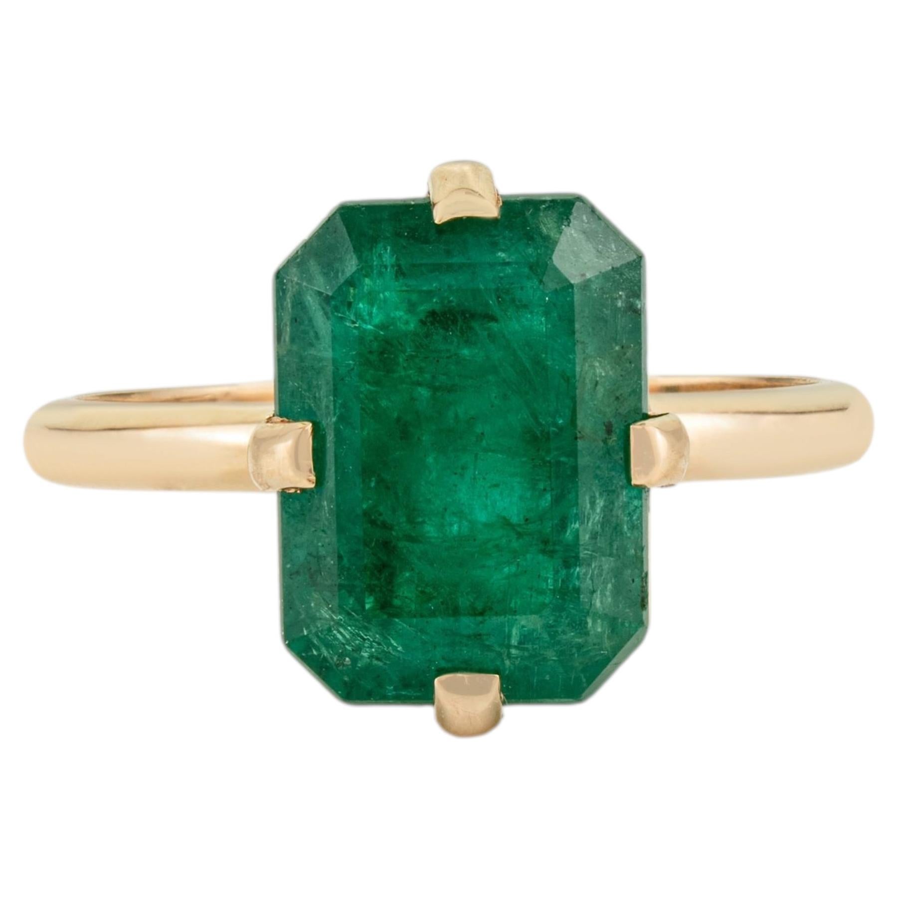 4.58 Carat Octagon Zambian Emerald Statement Solitaire Ring in 18K Yellow Gold