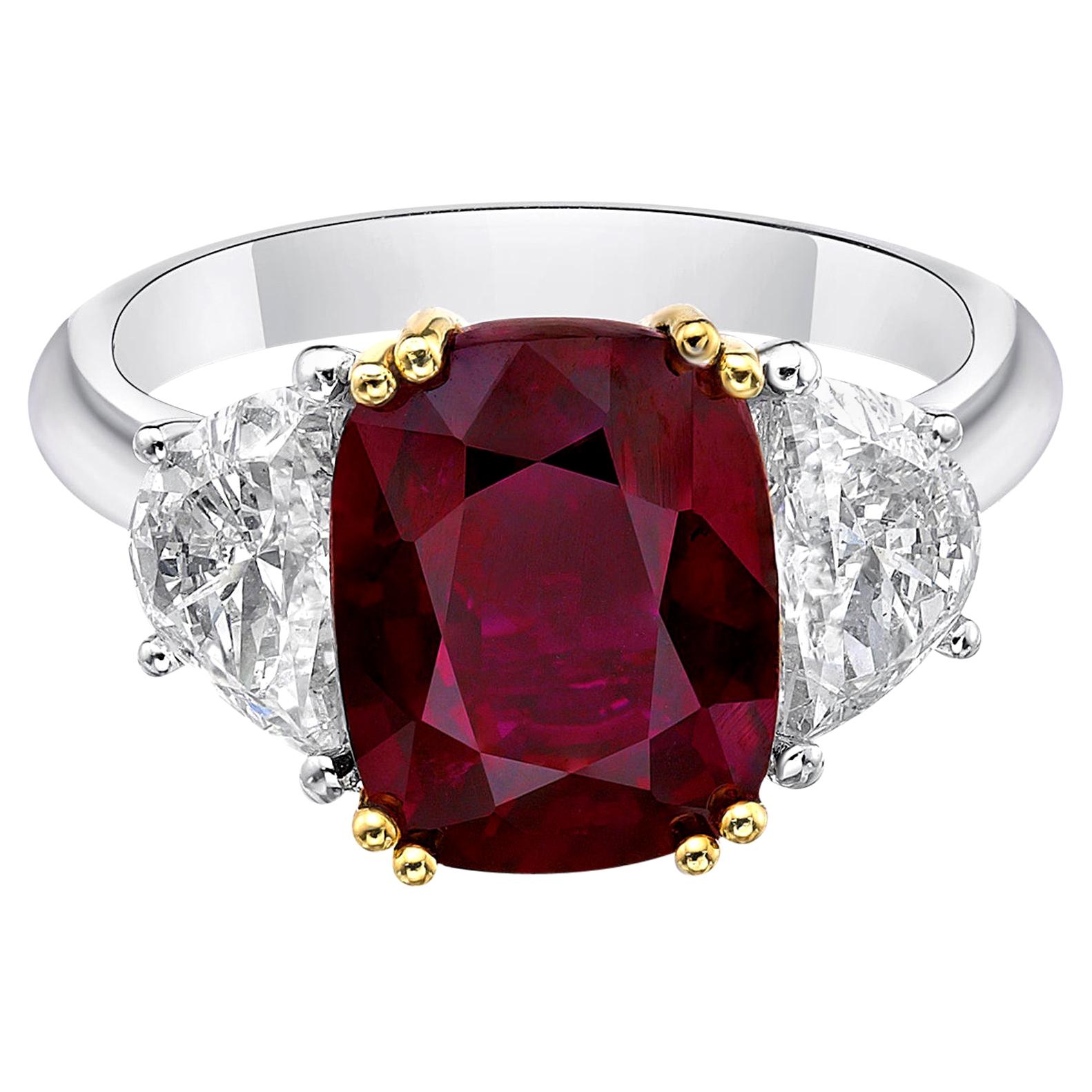 4.58 Carat Vivid Pigeon Blood Red Ruby GRS Certified Unheated Ring Cushion Cut