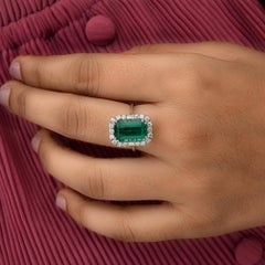 4.58 Carat Zambian Emerald Birthstone Diamond Halo 18k White Gold Cocktail Ring