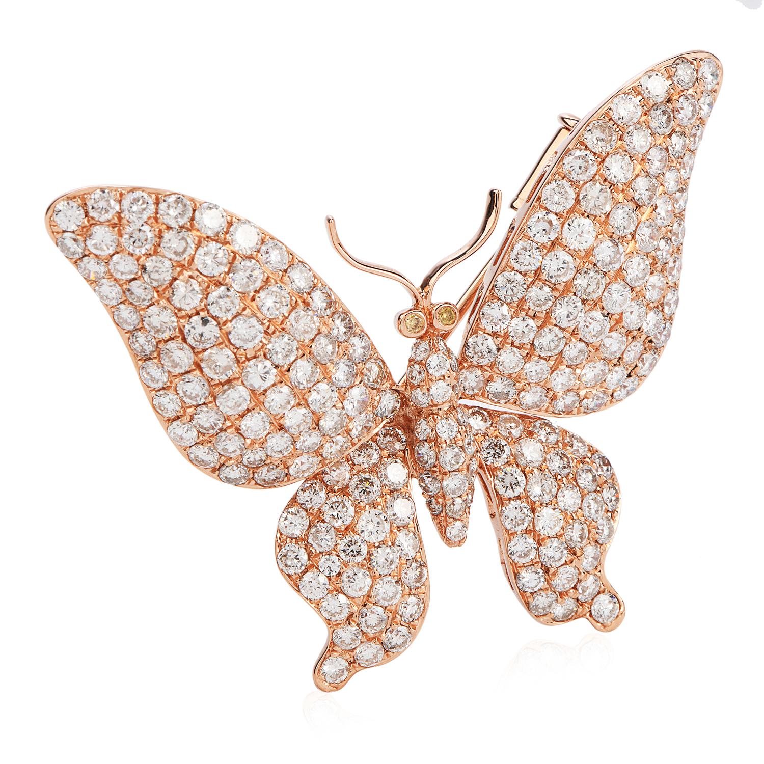 This exquisite Estate Diamond butterfly pin crafted in solid 18K pink gold. Its body is covered with Round-cut natural diamond approx. 4.58  carats t, G-H color, VS clarity with few Si's. This sweet brooch pin will be a joy to own, and remains in