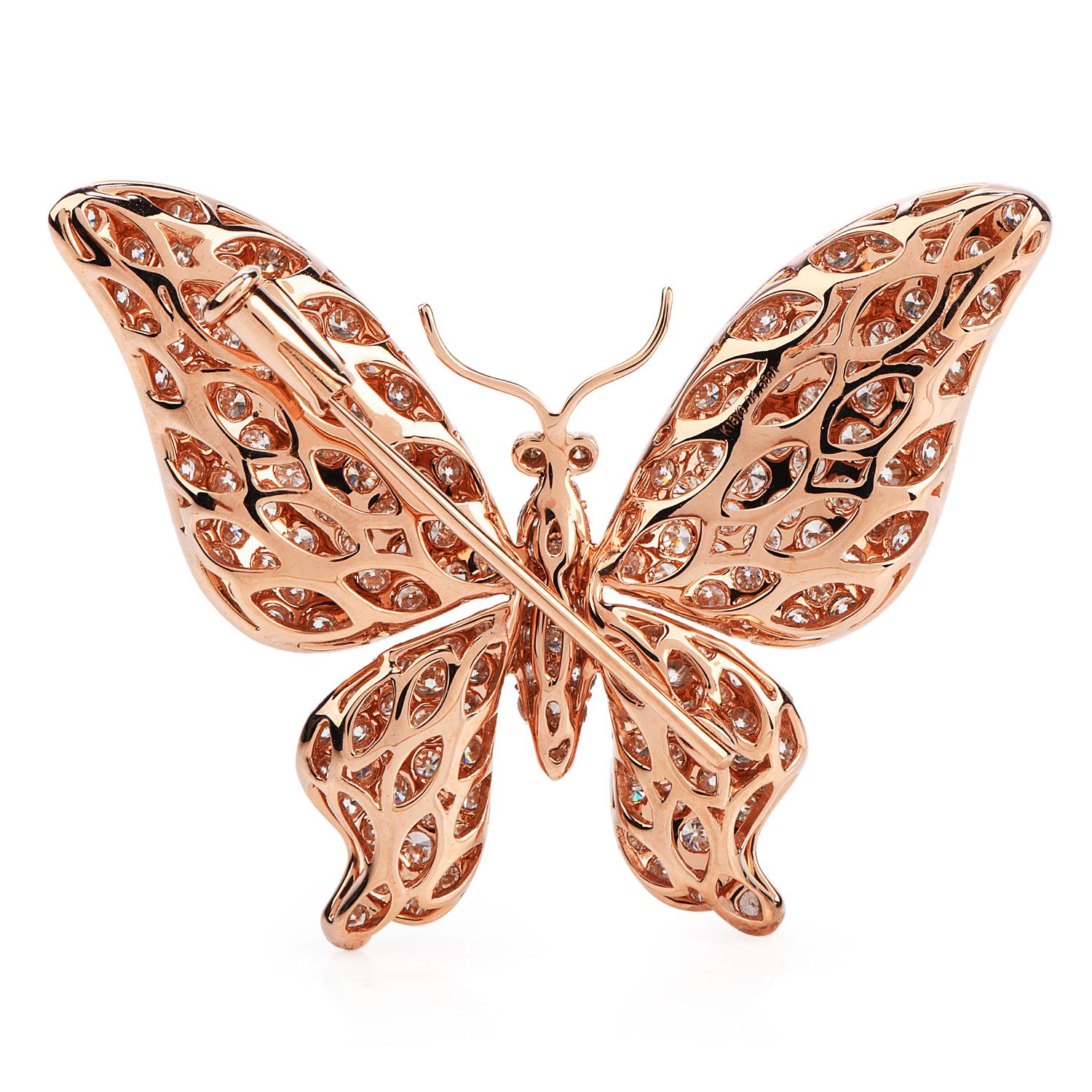 Modern 4.58 Carat Diamond Butterfly 18 Karat Pink Gold Brooch Pin