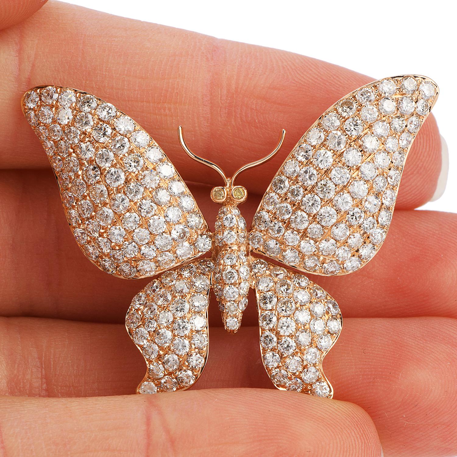 Round Cut 4.58 Carat Diamond Butterfly 18 Karat Pink Gold Brooch Pin