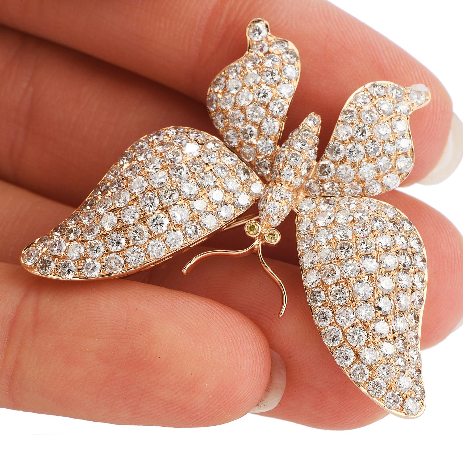 4.58 Carat Diamond Butterfly 18 Karat Pink Gold Brooch Pin In Excellent Condition In Miami, FL
