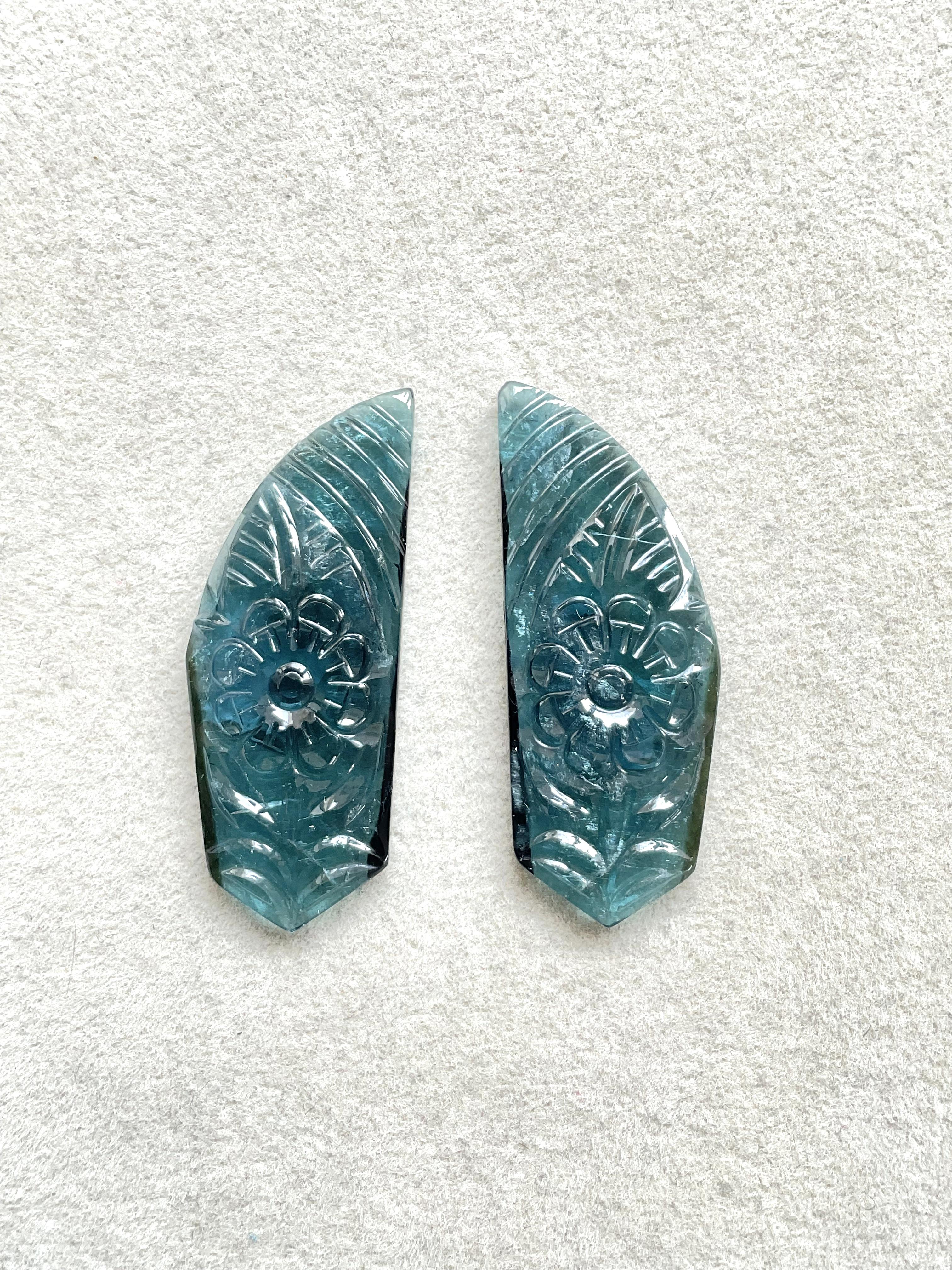 Art Deco 45.83 carats blue tourmaline carved pair top quality fine jewelry natural gem For Sale