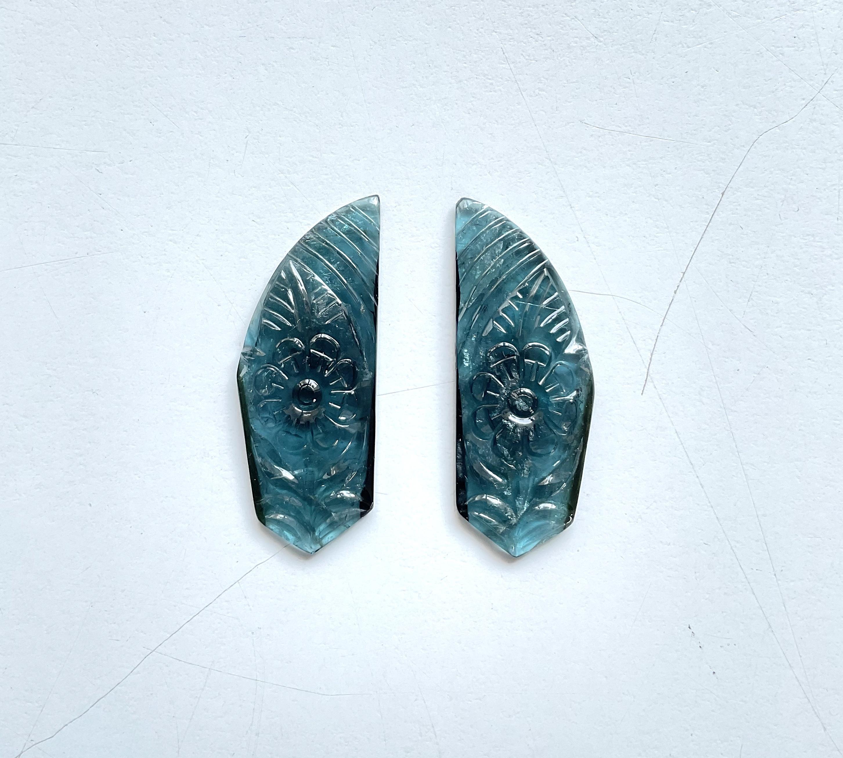 Rose Cut 45.83 carats blue tourmaline carved pair top quality fine jewelry natural gem For Sale