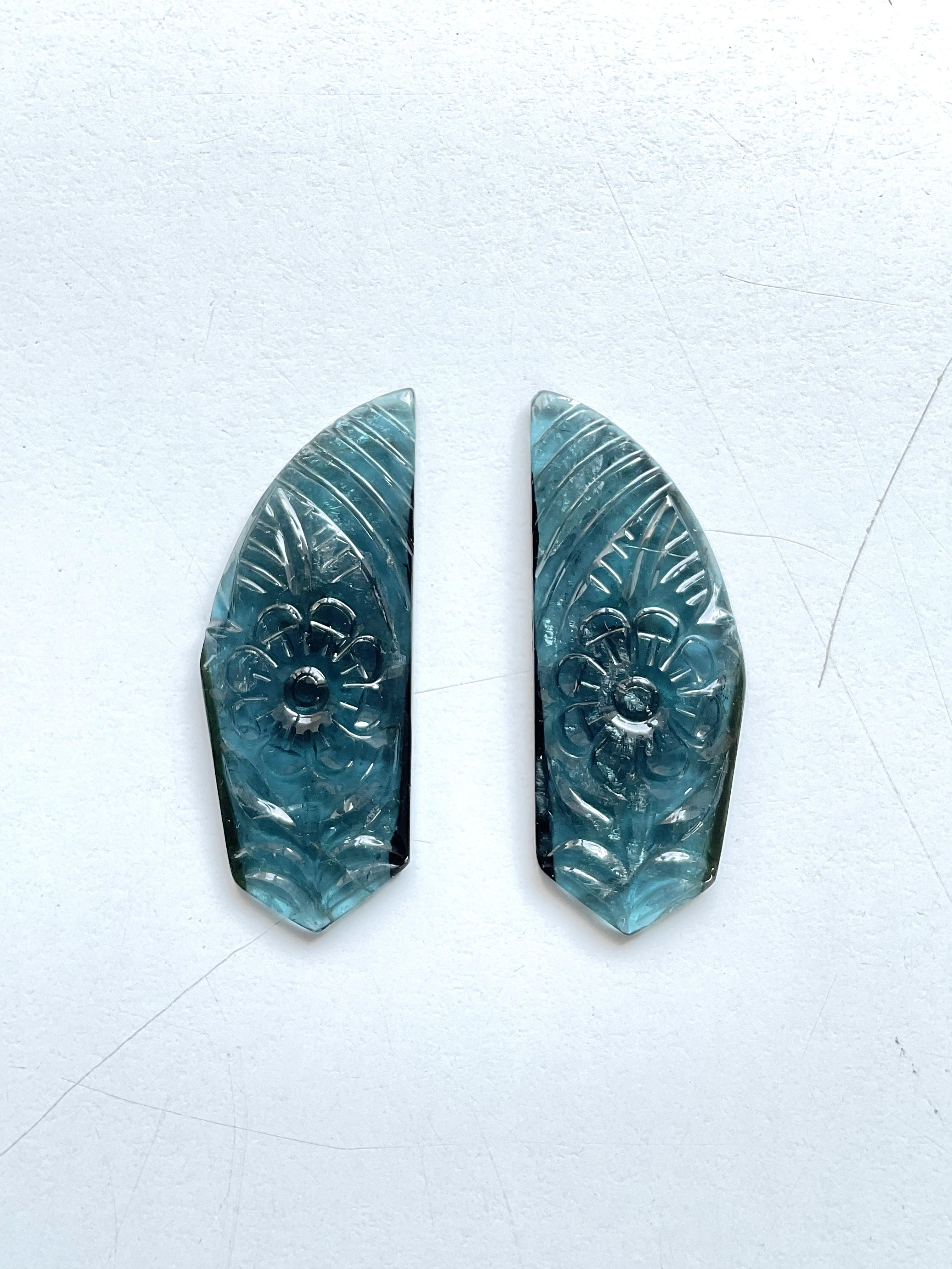 Women's or Men's 45.83 carats blue tourmaline carved pair top quality fine jewelry natural gem For Sale